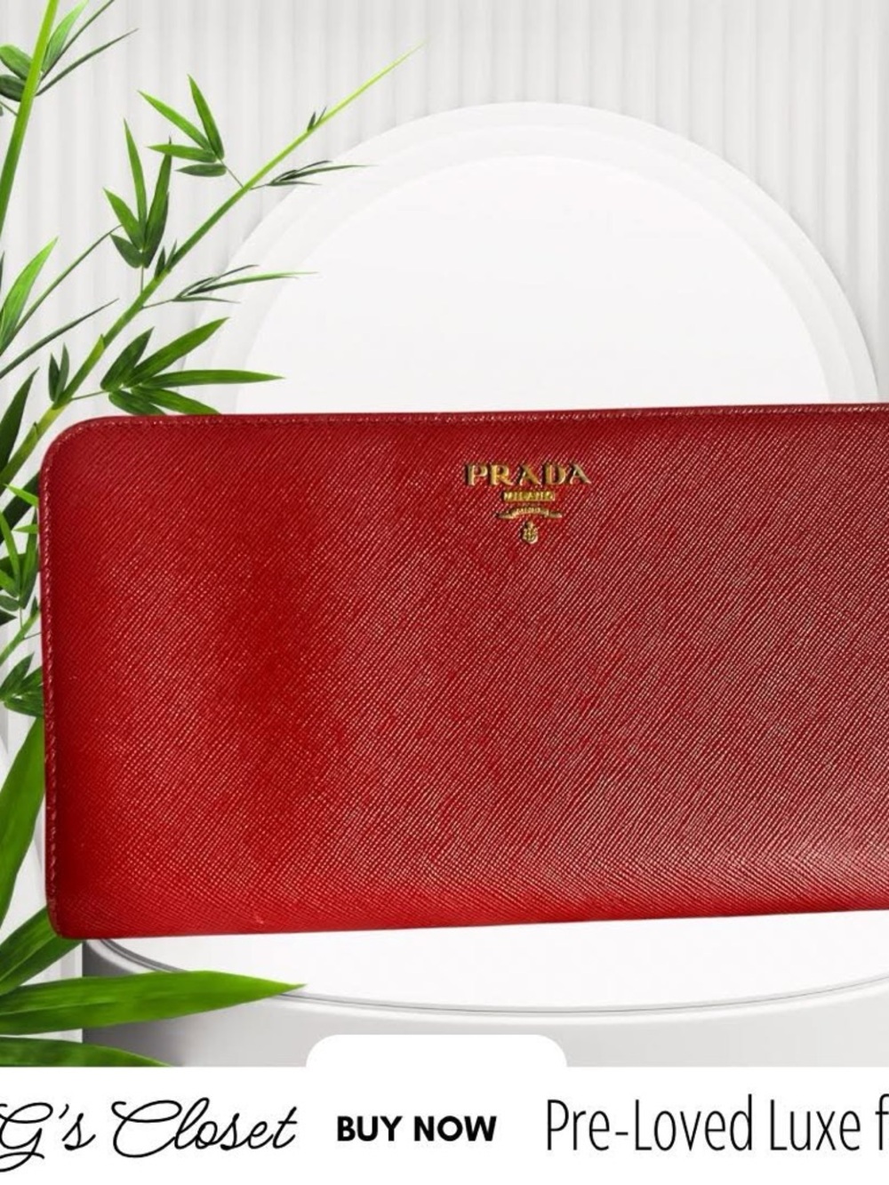 Prada Red Saffiano Zip-Around Wallet with Gold Logo